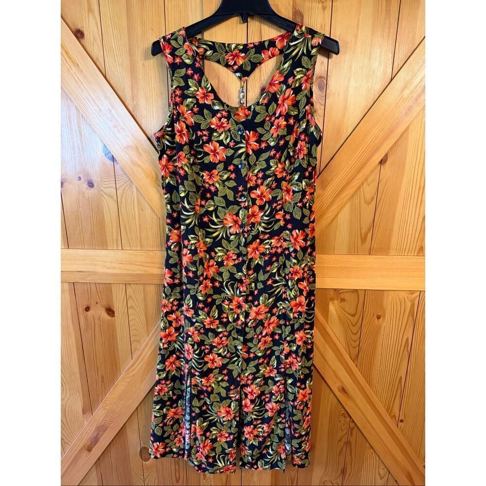 Vintage Erika Black Floral Button Front Sleeveless Midi Dress Size Large (7146)